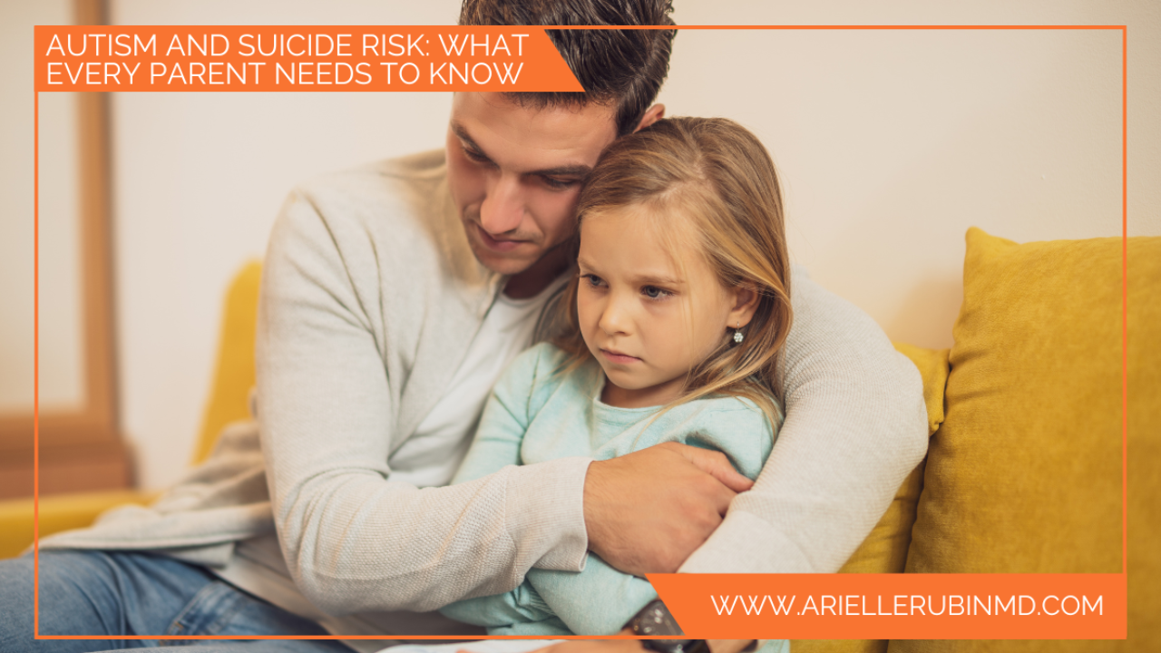 father consoling and hugging autistic child on yellow couch